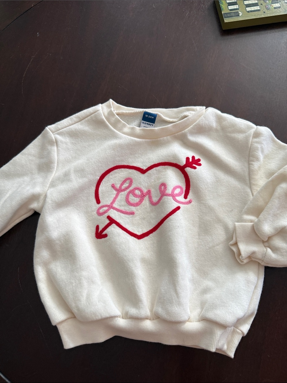 Old Navy Cream Sweatshirt with Pink Script & Red Heart Arrow Graphic